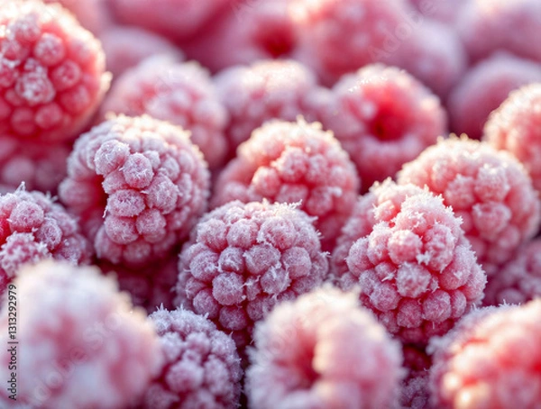 Obraz Close up of frozen raspberries covered in frost, glistening under soft light, symbolizing freshness and natural sweetness.