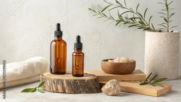 Fototapeta Minimalist Skincare Branding Natural skincare products displayed on rustic wood with greenery and a neutral background. Skincare mockup