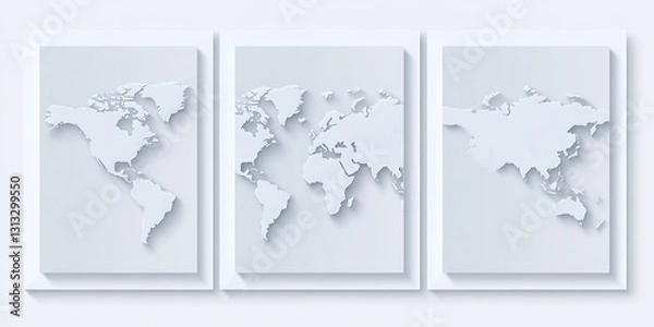 Fototapeta Three layered maps with soft shadows depicting the world in a light grey color scheme : Generative AI