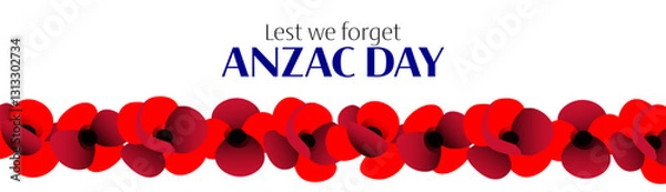 Obraz Anzac day vector horizontal banner with poppy flowers on white background