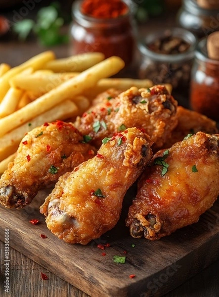 Fototapeta Fried Chicken Drumsticks Placed on Wooden Board Alongside Crispy French Fries : Generative AI