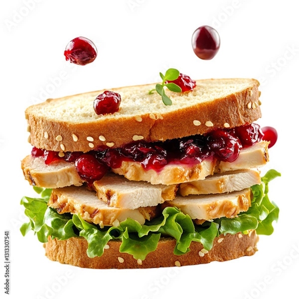 Fototapeta A Hearty Turkey Sandwich with Cranberry Sauce and Lettuce Isolated on Transparent Background