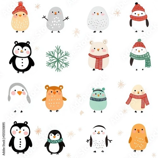 Obraz A set of cute winter animals in a whimsical style capturing the essence of a cozy and playful winter wonderland scene