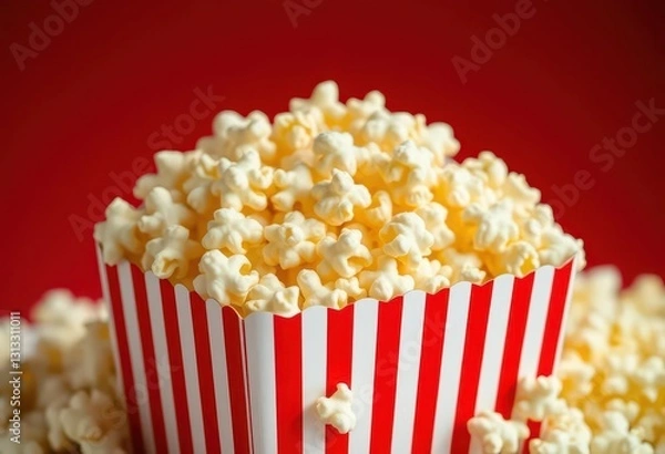 Fototapeta Red and white striped box overflowing with fluffy popcorn kernels, still life, detail
