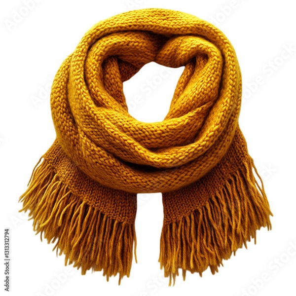 Fototapeta A Knitted Infinity Scarf in Mustard Yellow with Fringe Isolated on Transparent Background
