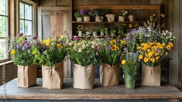 Fototapeta Cut wildflowers displayed in paper bags on a rustic table, with more in wooden shelves, used for bouquets