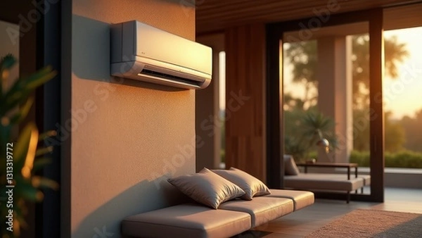 Fototapeta Split System AC, Luxurious home with split AC discrete mounting among high-end furniture golden-hour lighting rich textures natural wood 