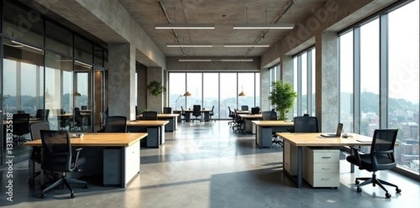 Fototapeta Exposed concrete, panoramic windows, glass partitions, shared desks , contemporary office, shared desk, flex workspace