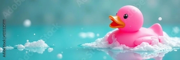 Fototapeta Pink rubber duck partially submerged, bath foam overflowing, joy, rubber duck, relax