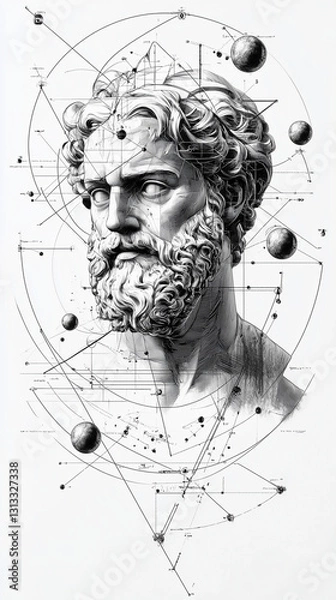 Fototapeta Abstract Line Art of Bust Overlaid With Geometrical Elements and Space Motifs