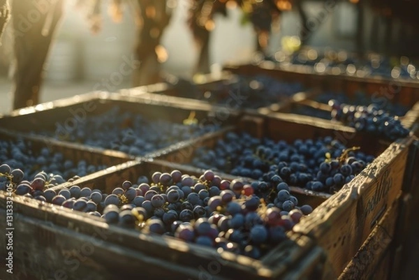 Fototapeta Harvested grape crates signaling the start of winemaking season in soft light