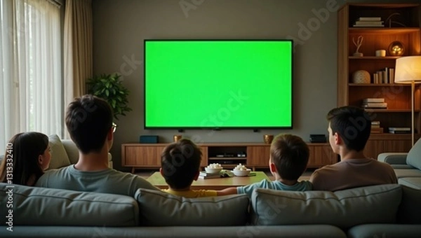 Fototapeta A cozy modern living room featuring a large flat-screen television mounted on the wall, displaying a vibrant green screen. A family is seated on the couch, watching attentively, with a coffee table an
