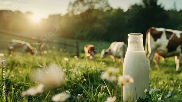 Fototapeta Fresh Dairy Products Surrounded by Cows in a Serene Meadow