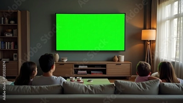 Fototapeta A cozy modern living room featuring a large flat-screen television mounted on the wall, displaying a vibrant green screen. A family is seated on the couch, watching attentively, with a coffee table an