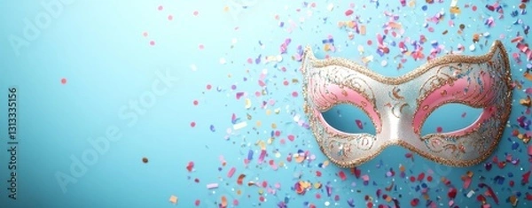 Fototapeta Carnival-themed showcase: Top-down shot of vibrant masquerade masks and scattered confetti on a soft blue background, with space for your message or promotion