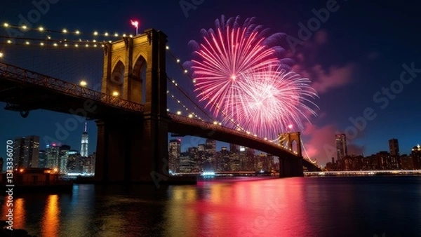 Fototapeta U.S. Independence Day, Night scene of July 4th fireworks over Brooklyn Bridge reflections on river bright lights