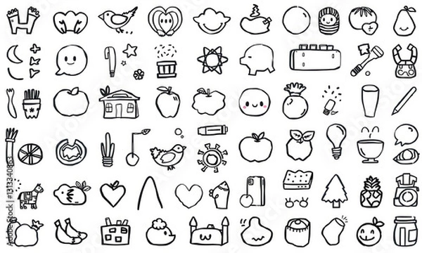 Fototapeta Doodles of various cute and whimsical icons including animals, fruits, and objects, perfect for creative projects and designs