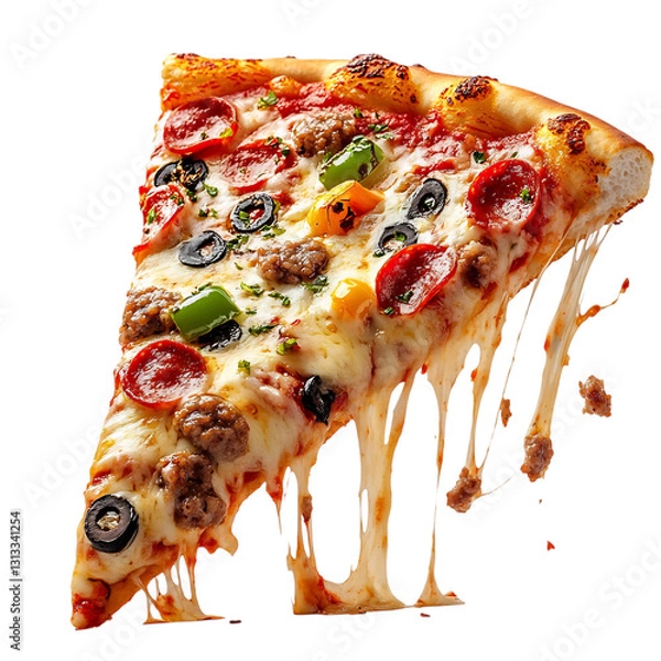 Fototapeta A Pizza Slice with Cheese Sausage and Peppers Isolated on Transparent Background