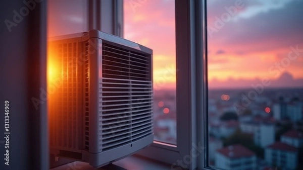 Obraz Window Air Conditioner, Modern window AC glows with sunset hues reflecting a vibrant city skyline in metallic sleekness.