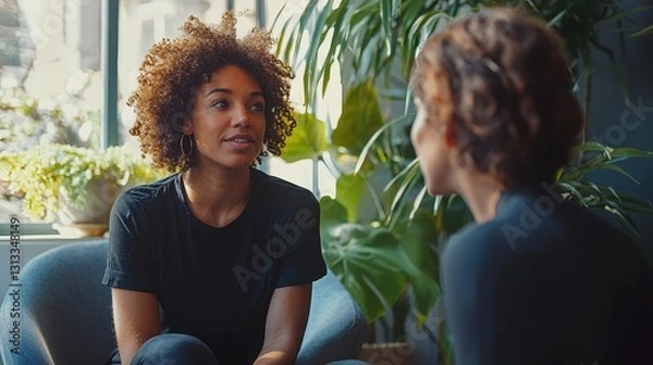 Fototapeta LGBTQ therapist attentively listening to a client in a minimalistic office with calming colors, natural light, and simple furnishings, fostering a safe, inclusive environment