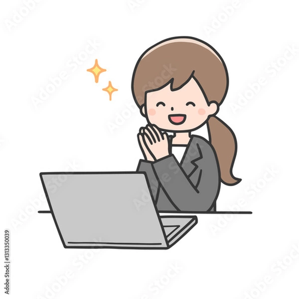 Obraz パソコンの前で喜ぶスーツ姿の女性