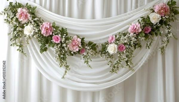 Fototapeta A raster illustration of a white daisy flower with leaves and small butterfly flowers, painted in watercolor on a green background with a thistle floral pattern and greenery, showcasing a phytology