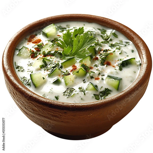 Obraz A Bowl of Indian Raita Yogurt Based Side Dish with Cucumbers and Herbs Isolated on Transparent Background