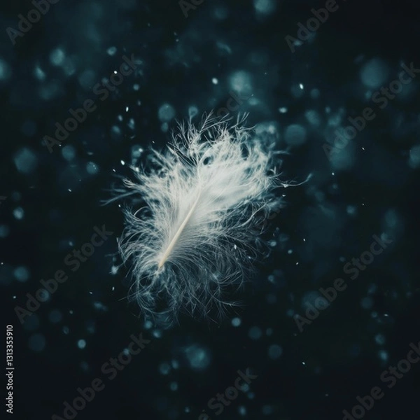 Fototapeta White feather floating in breeze with backlit scene and dark background