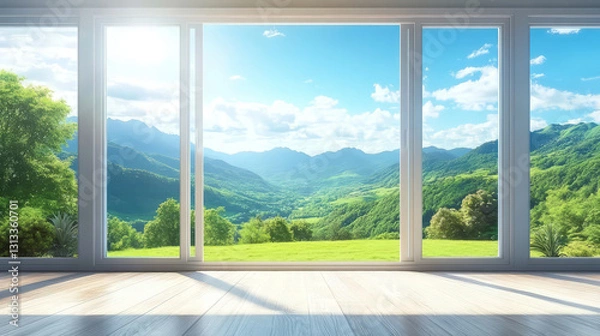 Fototapeta panoramic window view of clear sky with clouds over green mountains, creating serene atmosphere