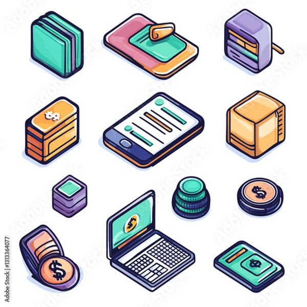 Fototapeta Isometric digital finance icons featuring laptop, phone, money and wallet