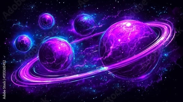 Fototapeta Abstract cosmic nebula with planets and vibrant ring system shimmering in neon hues perfect for imaginative science fiction creations
