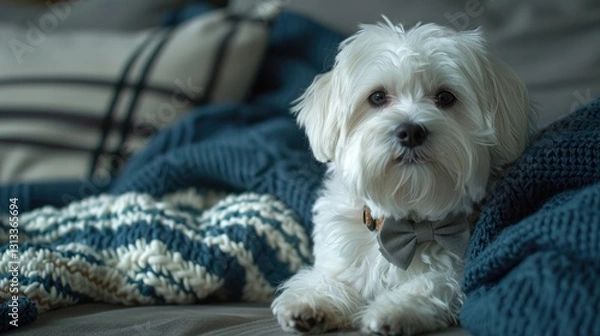 Fototapeta A small white dog with a bowtie lounging on a cozy couch with knitted blankets.