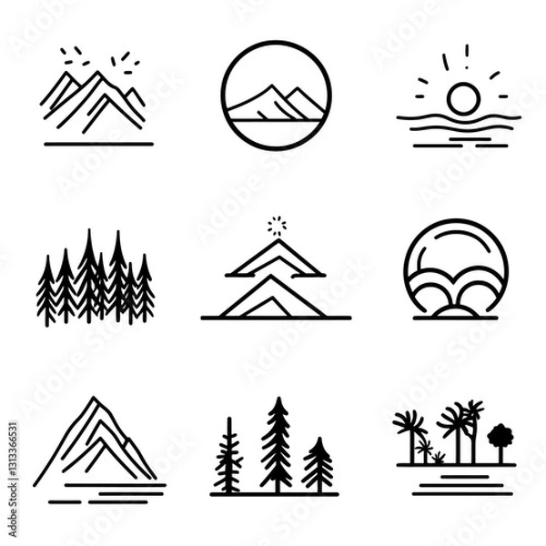 Fototapeta Minimalist Outline Icons Featuring Mountains Trees and Tropical Islands