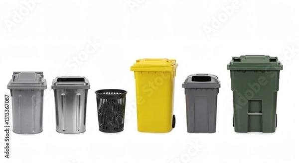 Fototapeta Lineup of Trash Bins and Recycling Carts with Diverse Sizes and Lids on Plain White Background PNG Style HD Minimal