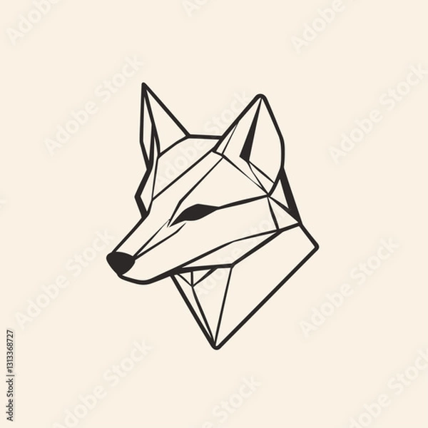 Fototapeta Geometric fox head in black outline on cream background, abstract animal