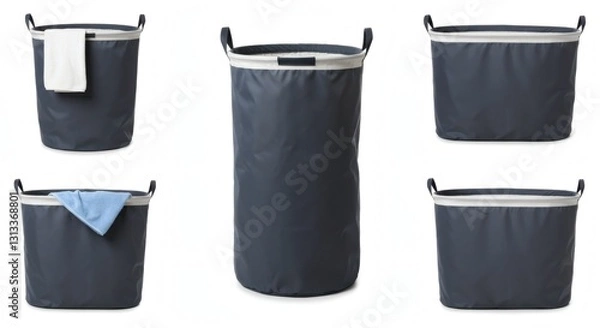 Fototapeta Laundry Basket Set in Black Fabric on Plain White Background, HD Minimal PNG Style Image