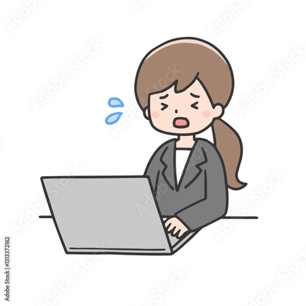 Obraz 困った表情でパソコンを操作するスーツ姿の女性