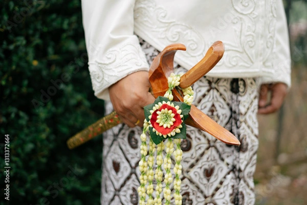 Obraz Javanese man holding keris as an accessories on traditional wedding ceremony