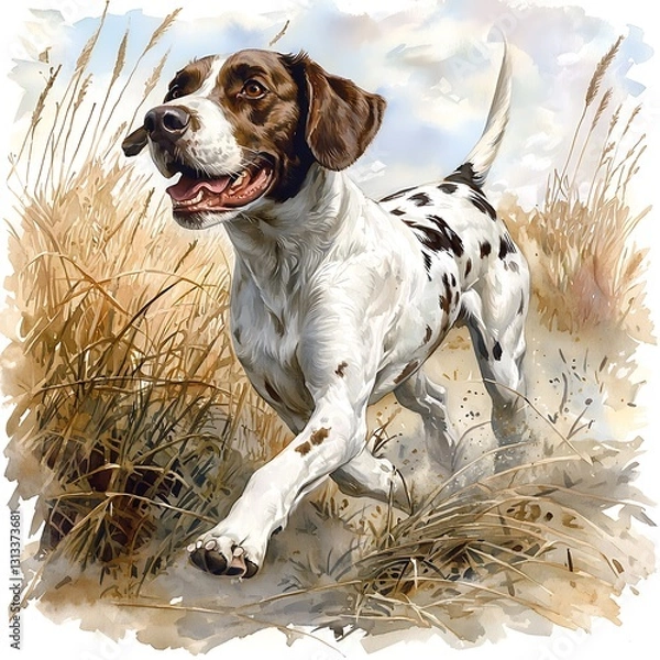 Fototapeta Happy Spotted Dog Running Through Tall Grass. A joyful illustration of a hunting dog in motion.