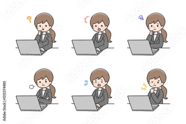 Obraz ネガティブな表情でパソコンを操作するスーツ姿の女性のセット