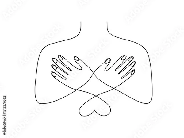 Fototapeta Continuous line art of human hands doing butterfly hug, editable lineart vector illustration.