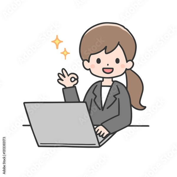 Obraz パソコンの前でOKサインをするスーツ姿の女性