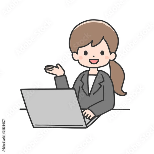 Obraz パソコンの前で案内するスーツ姿の女性