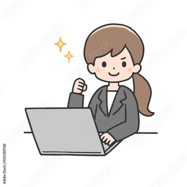 Obraz パソコンの前でガッツポーズをするスーツ姿の女性