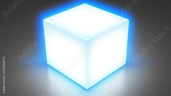 Fototapeta Glowing Blue Cube on Dark Surface with Soft Light Effect