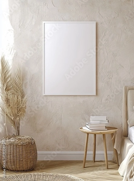 Fototapeta Beige bedroom mockup with empty frame (1)