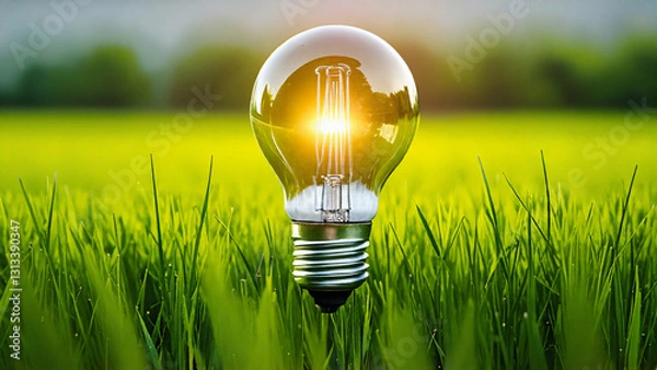 Fototapeta a single lightbulb that is glowing with a warm yellow light in front of a field of tall green grass