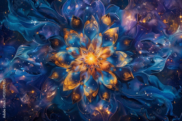 Fototapeta Cosmic mandala with glowing celestial patterns, sacred geometry, and radiant energy in vibrant colors.