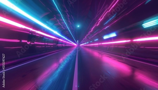Fototapeta Cyber, digital, speed of light road speed concept. fast neon background, 3d render, abstract geometric, colorful light, Glowing Circle, Urban Glow