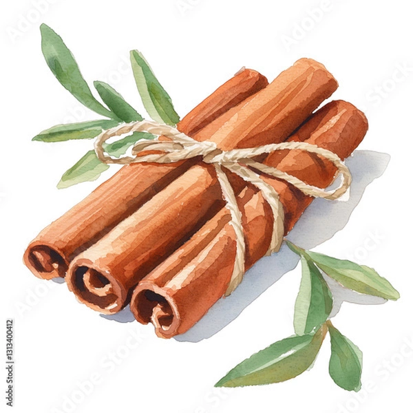 Obraz Cinnamon Sticks with Green Leaves on a White Background